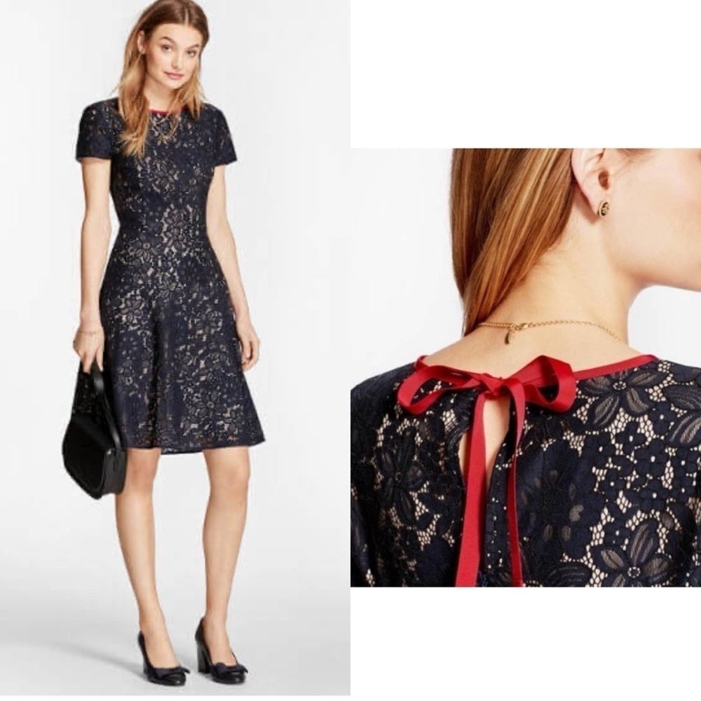 Brooks Brothers Red Fleece Lace Skater Fit & Flare Tie Back Dress Preppy Work